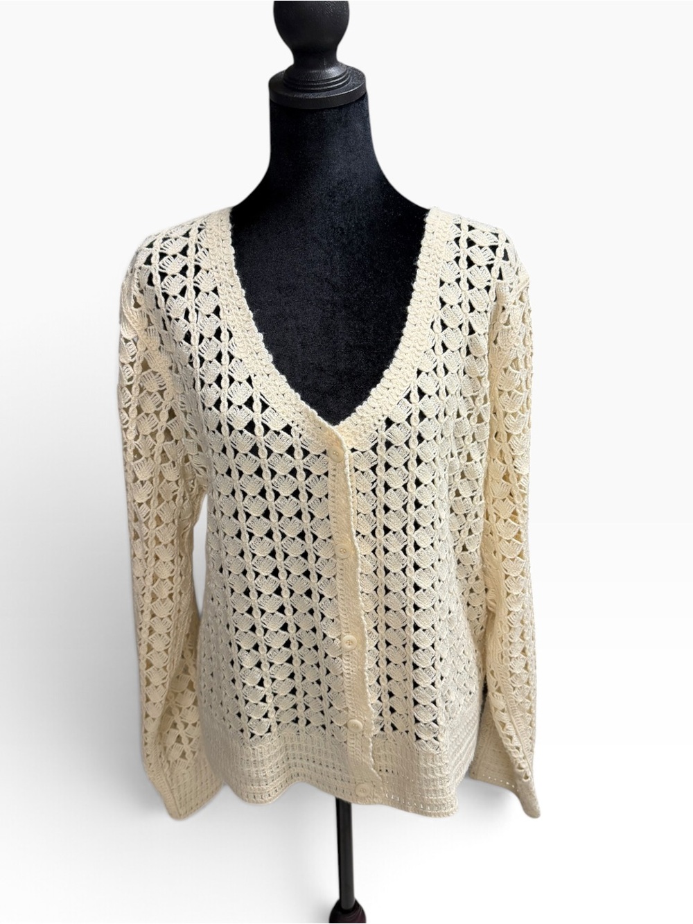 Open Weave Cream Crochet V‑Neck Button Cardigan Sweater
